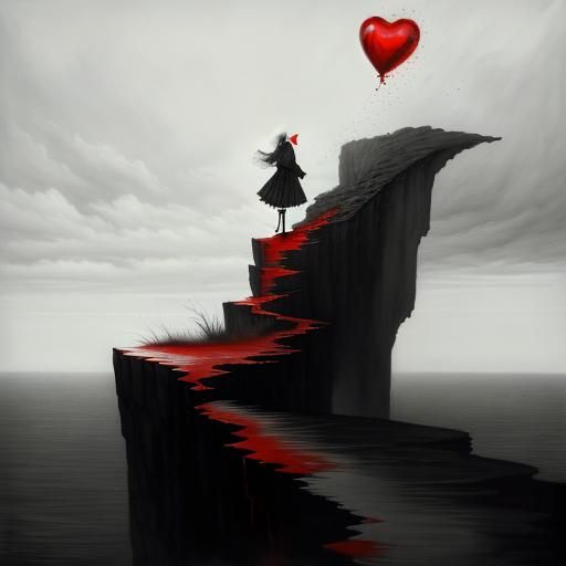 Monochromatic Heartbreak: Red Glass Hearts Adrift
