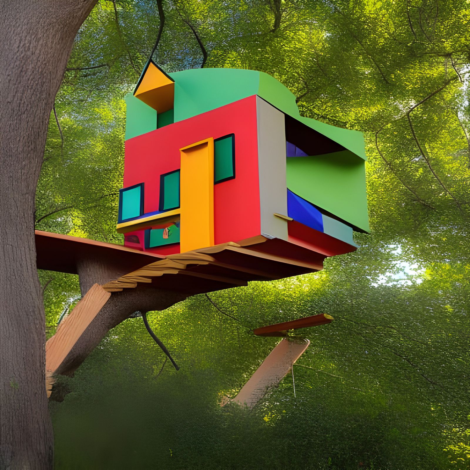Colorful Treehouse Scene in Bauhaus Art Deco Style