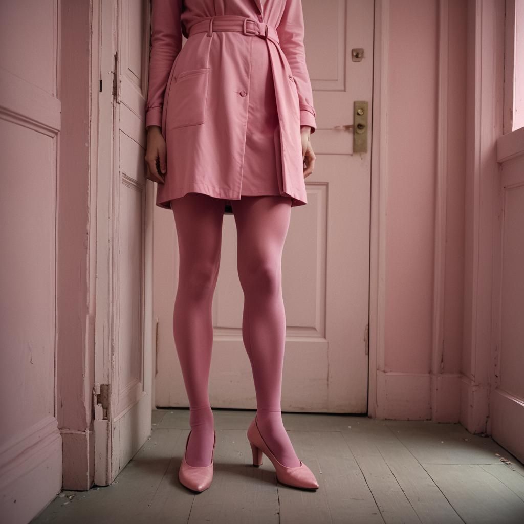 Woman in Pink Pantyhose Beckons in Doorway