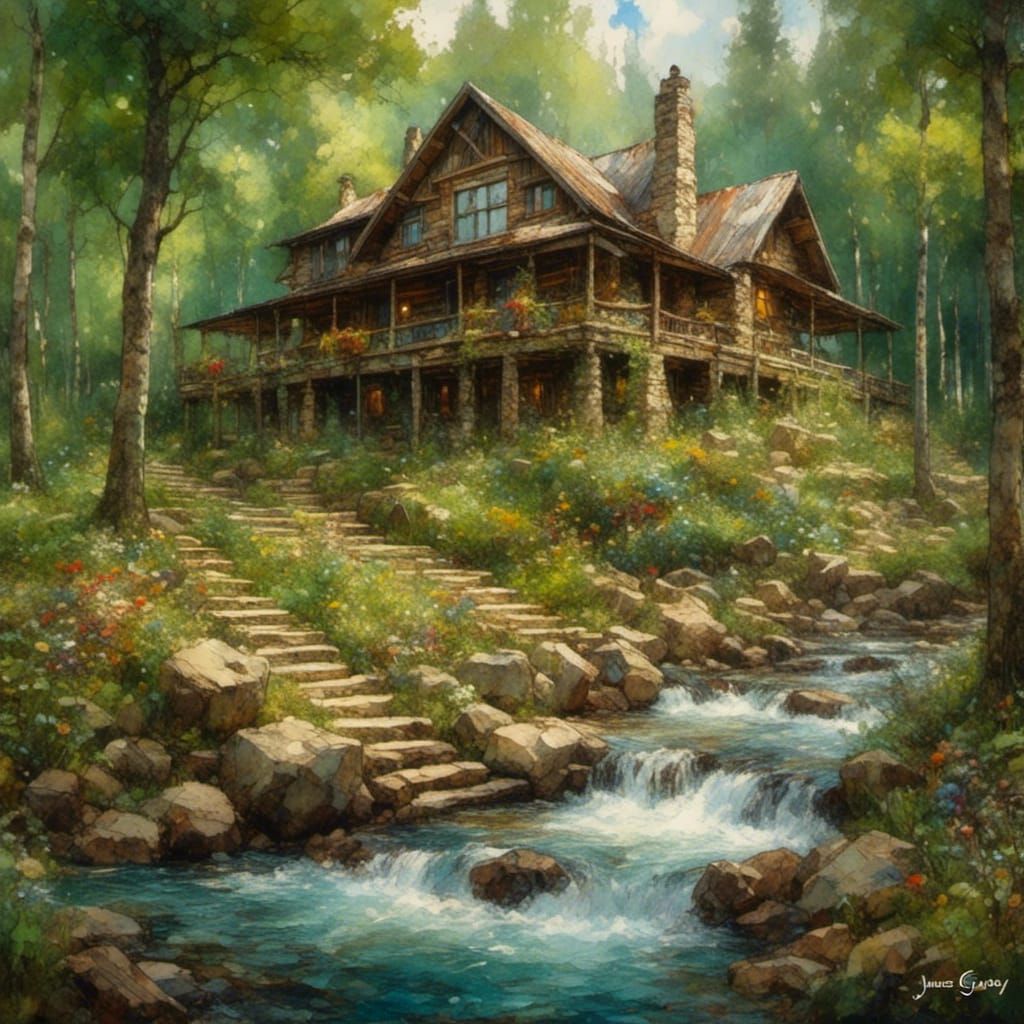 <lora:Epic Splash:1.0> Large cabin, wrap around porch, stone walkway, flowing stream, woods