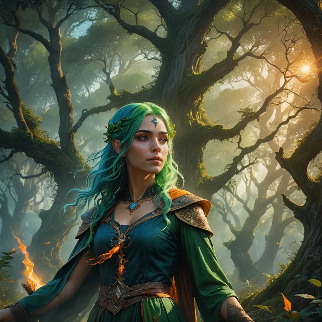 Mystical Glade: Young Sorceress Casting Magic