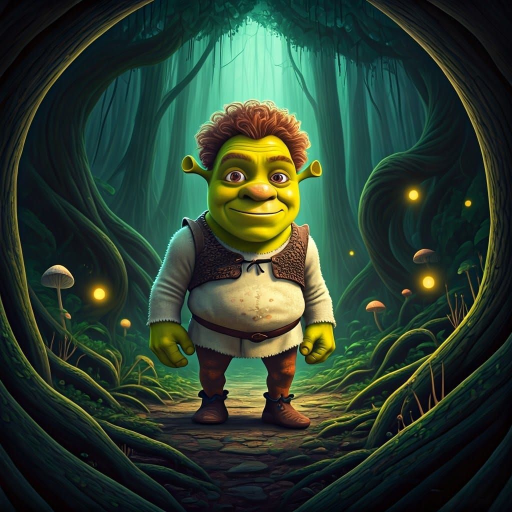 Miniature Shrek Hybrid in Eerie Forest, Matte Painting