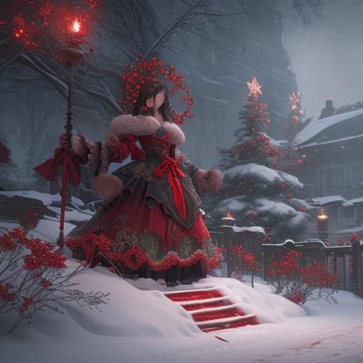 Christmas Flowers with Red Ribbons and Snow