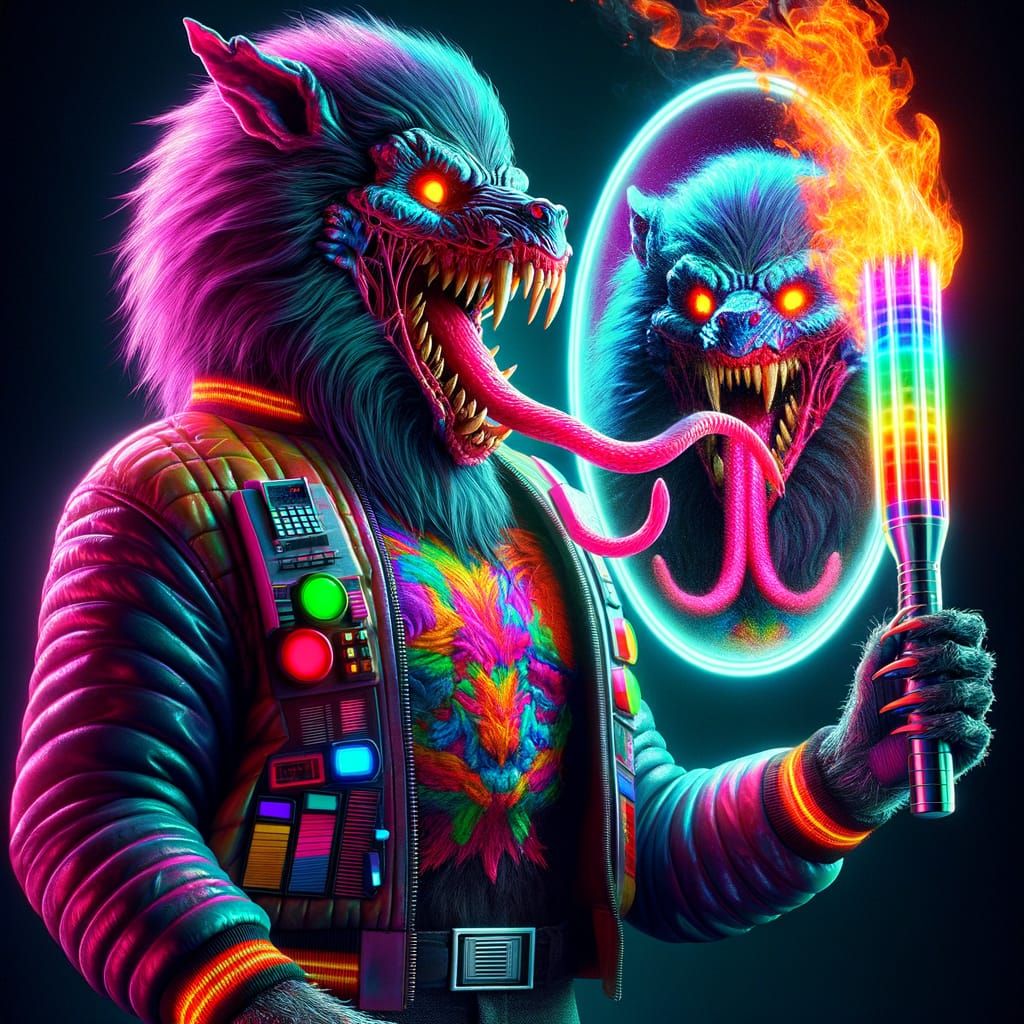 Retro Sci-Fi Alien with Werewolf Features in Cyberpunk Attir...