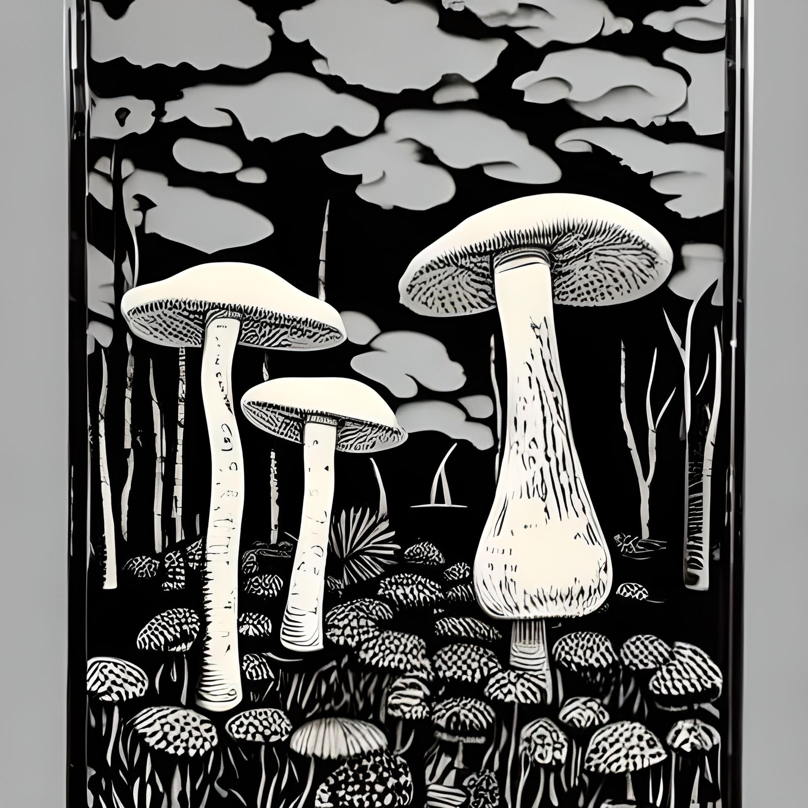 Fly Agaric Mushrooms in Linocut Style