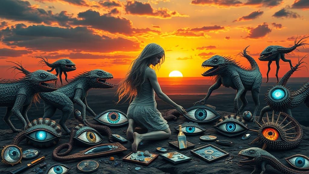 Surreal Sculpture of Woman at Sunset: Bio Art Collage