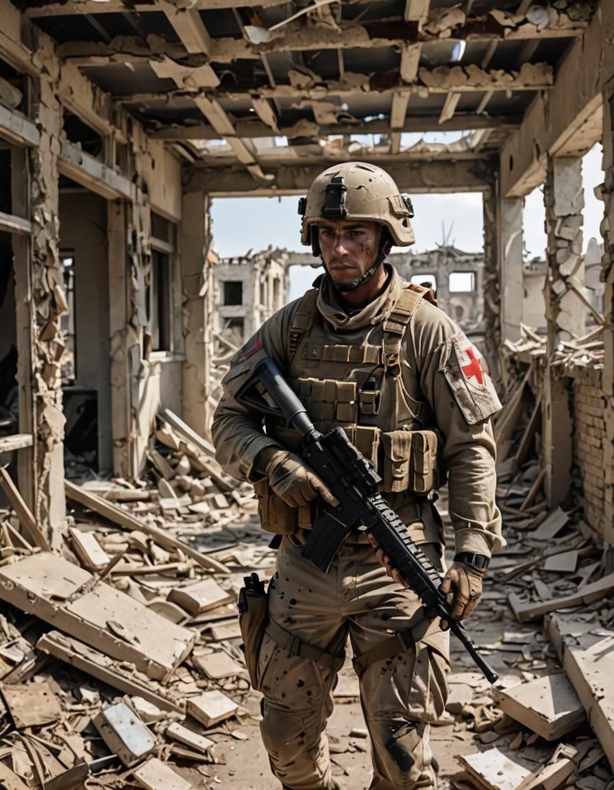 Navy Corpsman in War-Torn Building