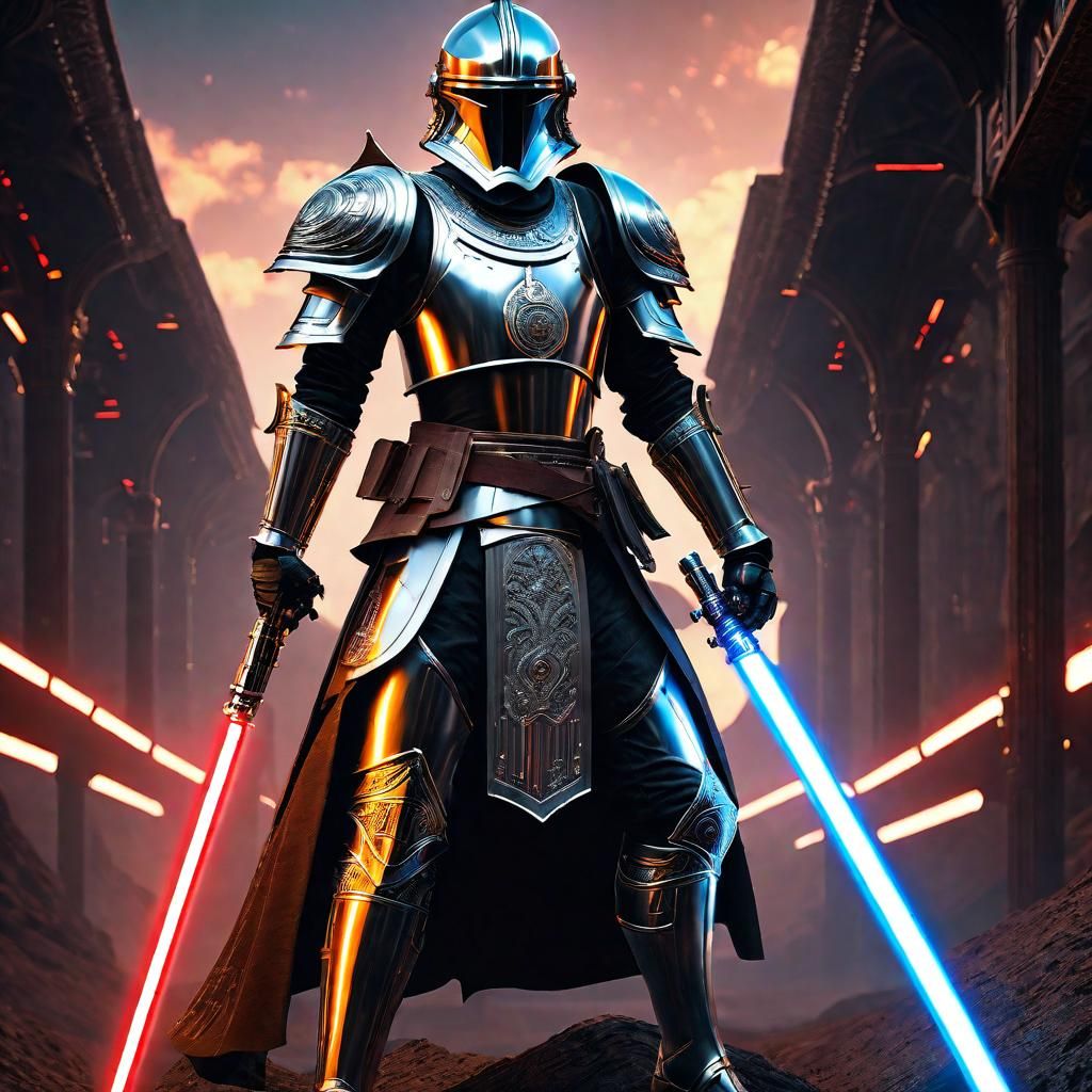 Cyborg Knight Battles with Lightsaber in Aetherpunk Style