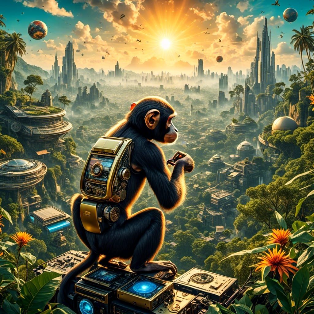 Monkey in Jungle with Tiled Sun and Sky