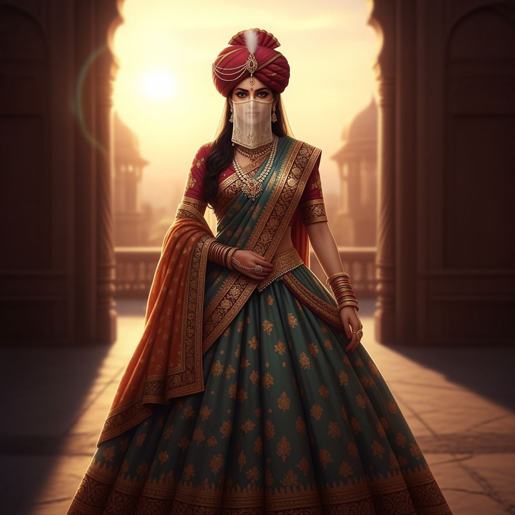 Regal Princess in Saree, Gown, Turban, and Niqab at Sunset
