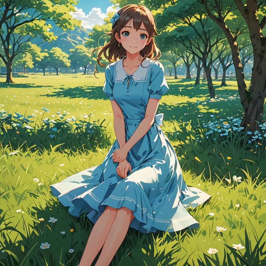 Girl in Blue Dress: Cel-Shaded Anime Art