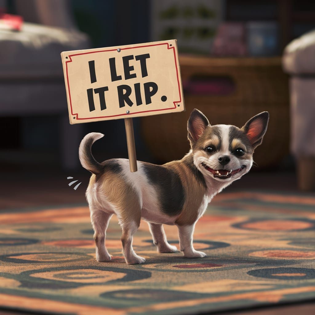 Humorous Dog Fart Illustration with Funny Sign