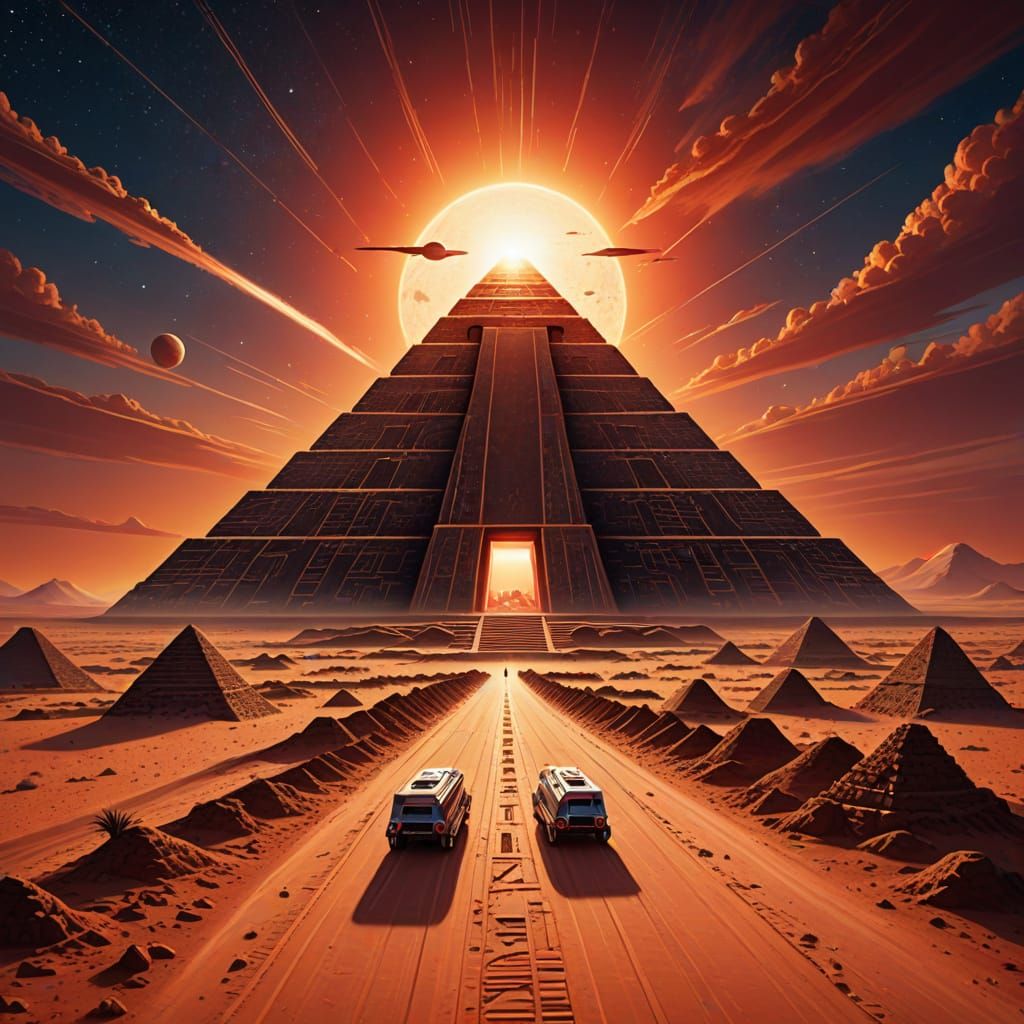 Futuristic Shuttle Passing Desert Pyramid at Sunset