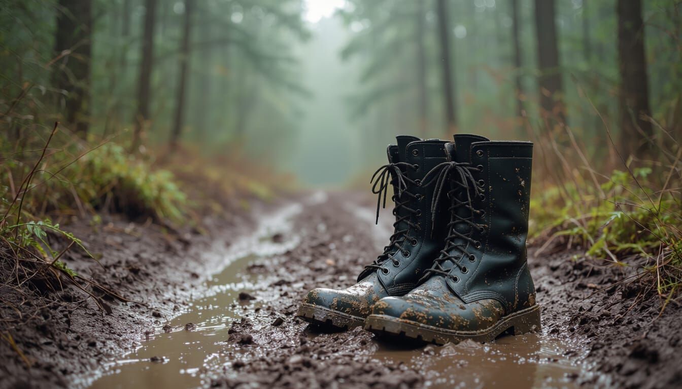 Muddy Military Boots on Forest Path in Photographic Style