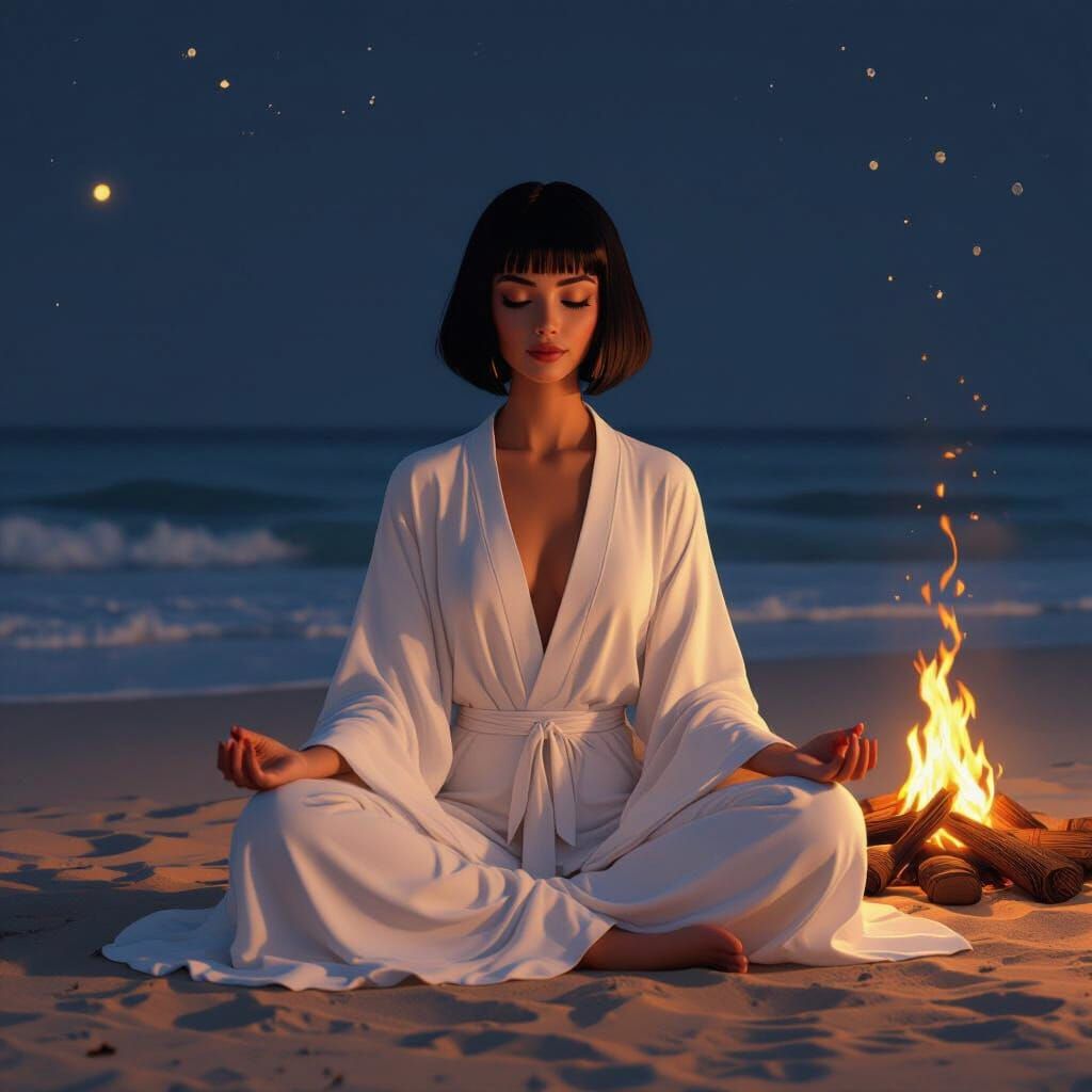 Meditating Woman on Beach in Syd Mead Style