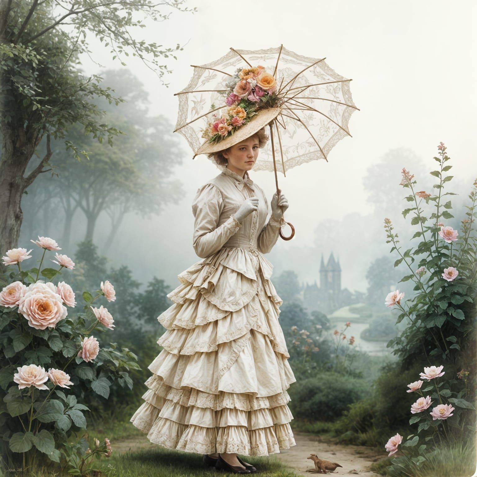 Elegant Woman in Soft Pastel Garden