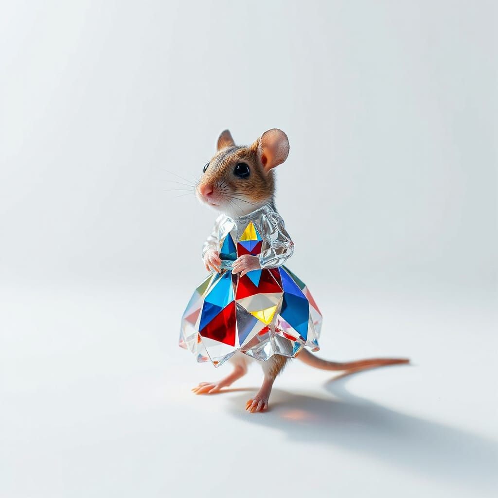 Lonely Mouse in Shimmering Glass Dress with Abstract Style