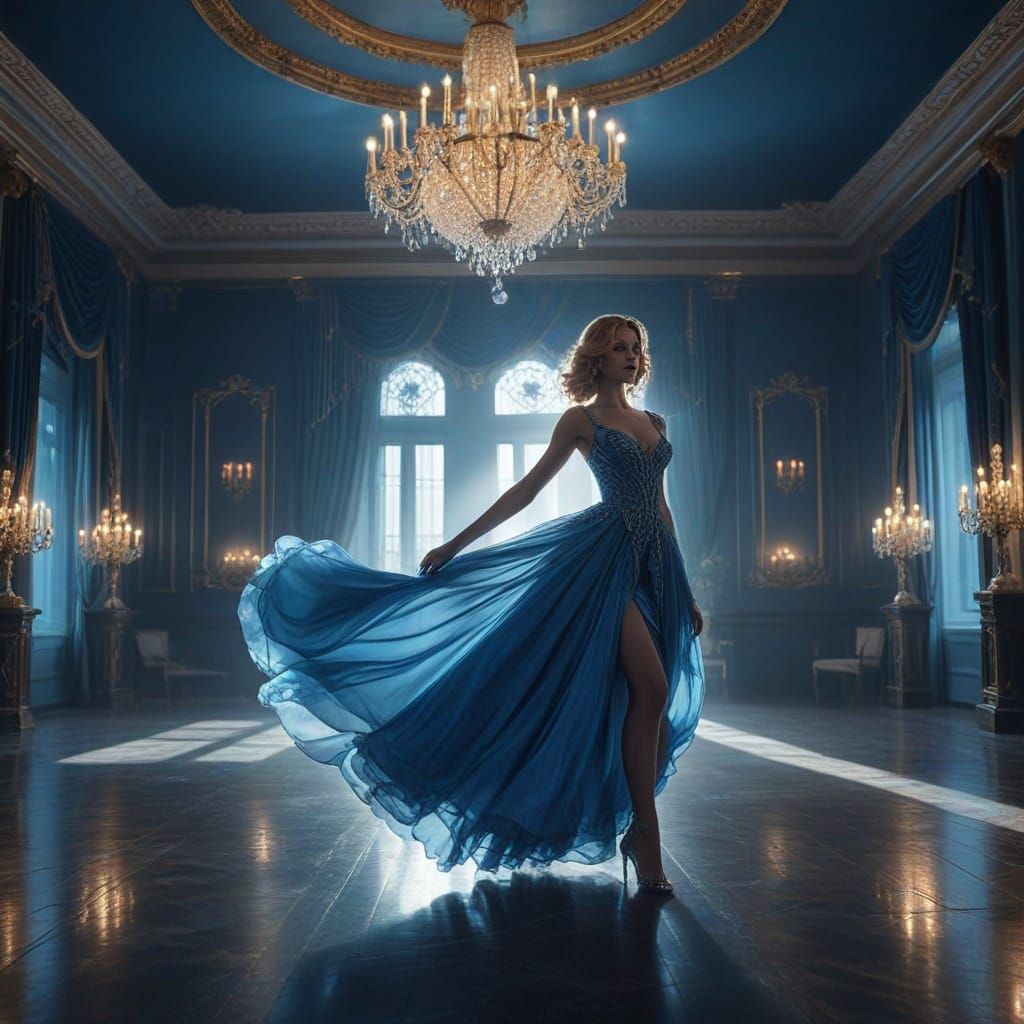 Sapphire Dancer in Blue Mist: Cinematic Ballroom Scene