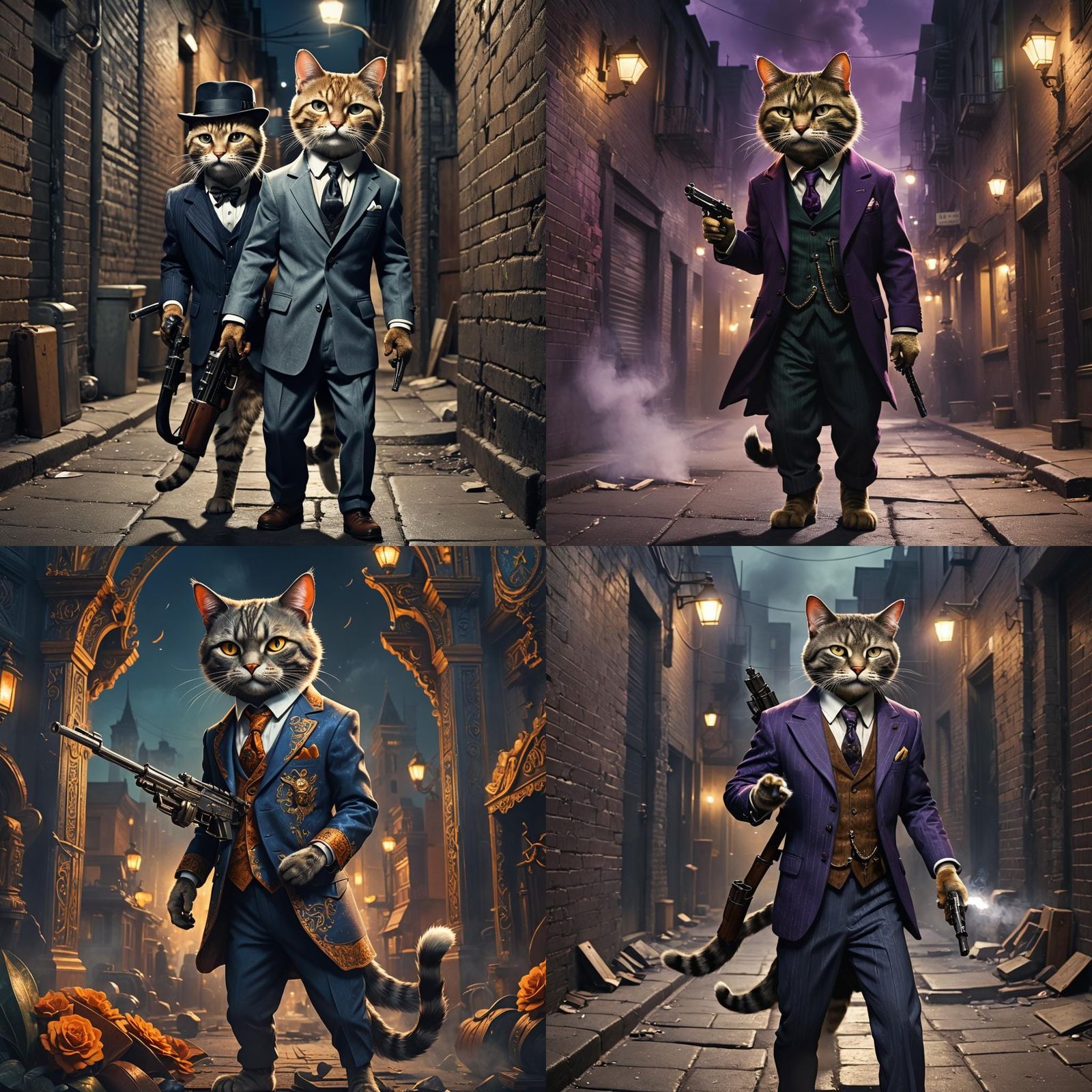 Anthropomorphic Cat Gangster with Tommy Gun, Detailed Painti...