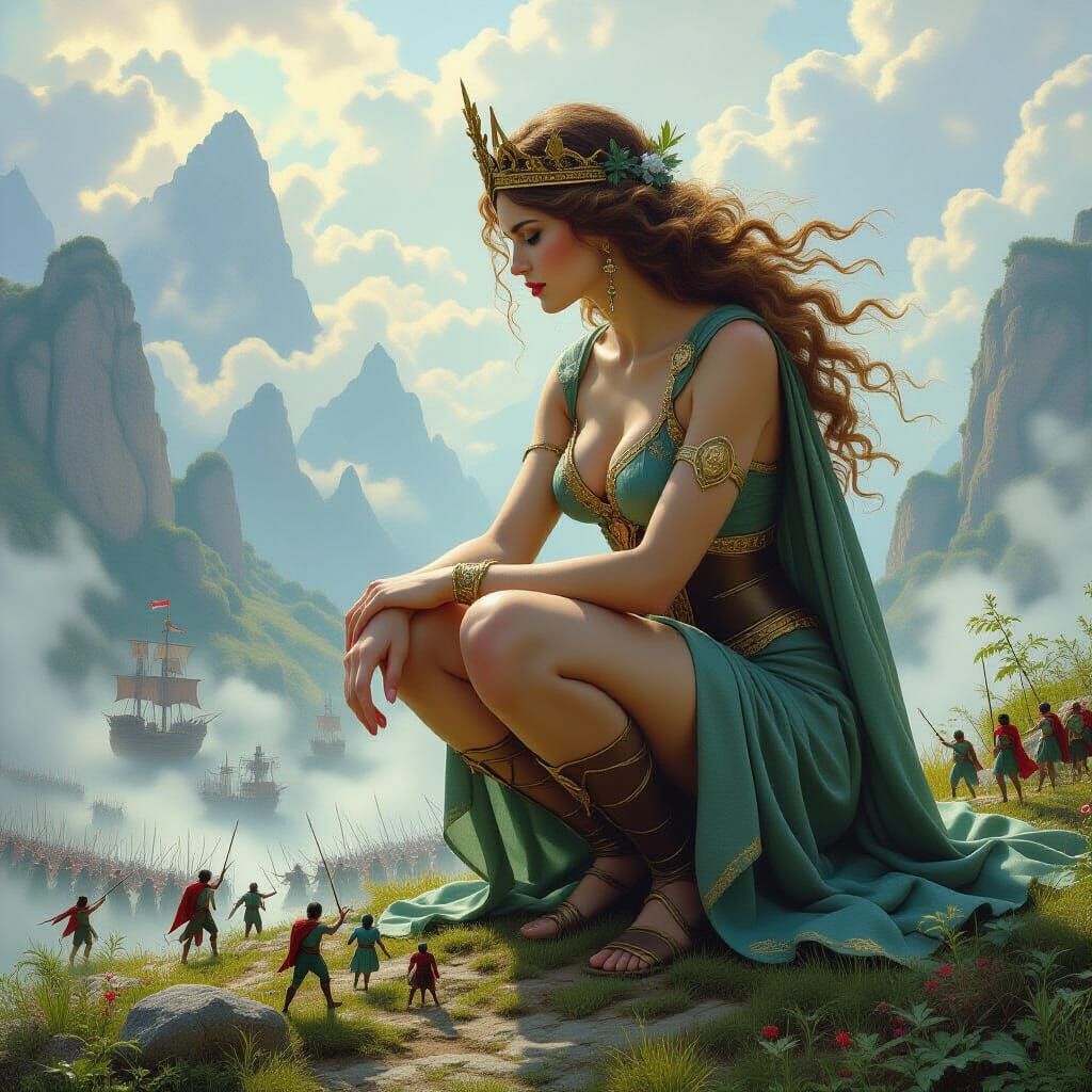 Giant Minerva Observes Miniature Human War