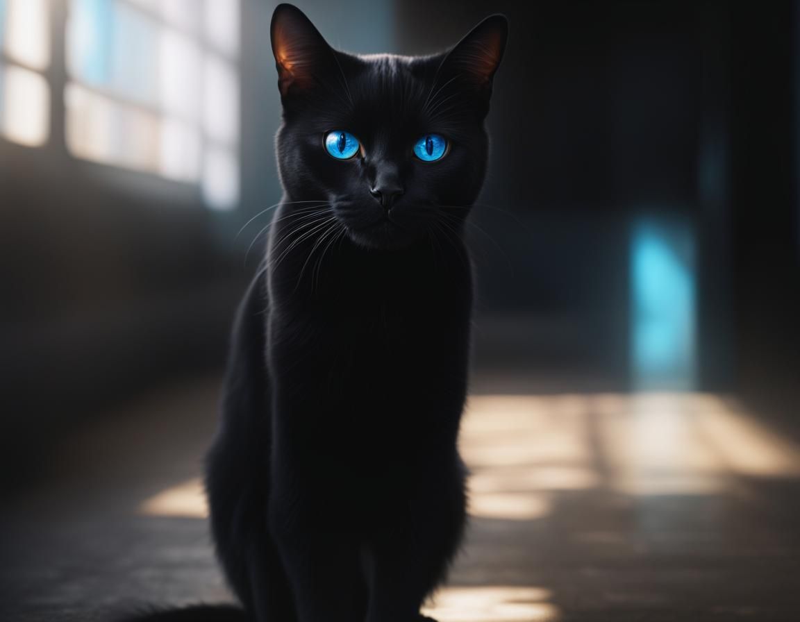 Beautiful black cat with blue eyes& cool colors digital art 8K resolution hyperdetailed photorealistic colorful sunny de...