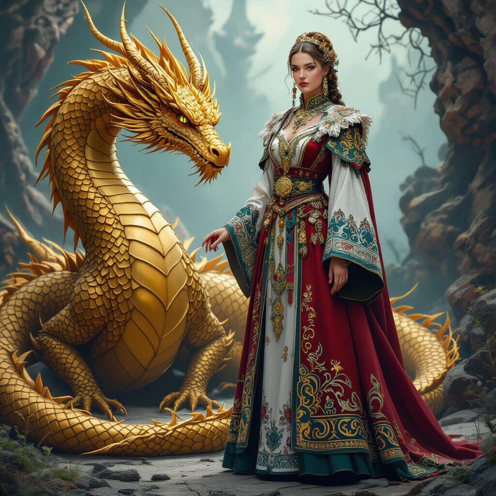 Slavic Noblewoman and Golden Dragon in Fantasy Style