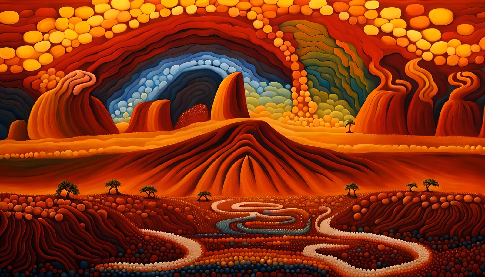 Dreamtime Art: Ancestral Faces over Uluru in Impasto Style