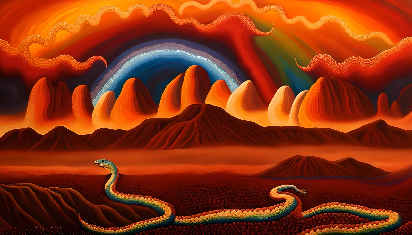 Dreamtime Art: Ancestral Faces Over Uluru in Impasto Style