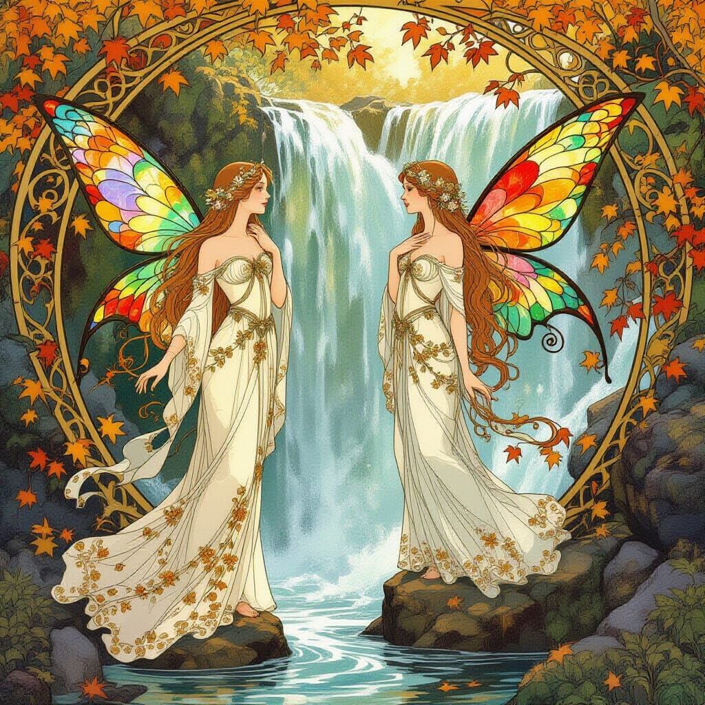 Alphonse Mucha Style Water Spirits by Autumn Waterfall