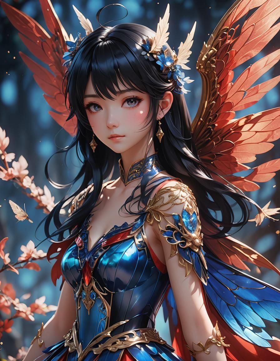 Anime Fairy with Blue Wings and Red Dress