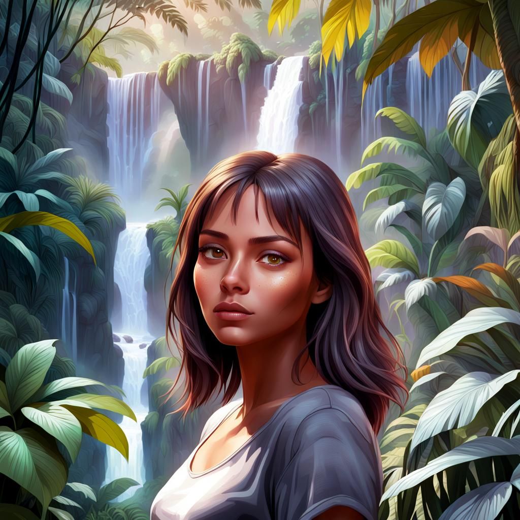Cinematic Young Girl Explores Lush Jungle, Digital Illustrat...