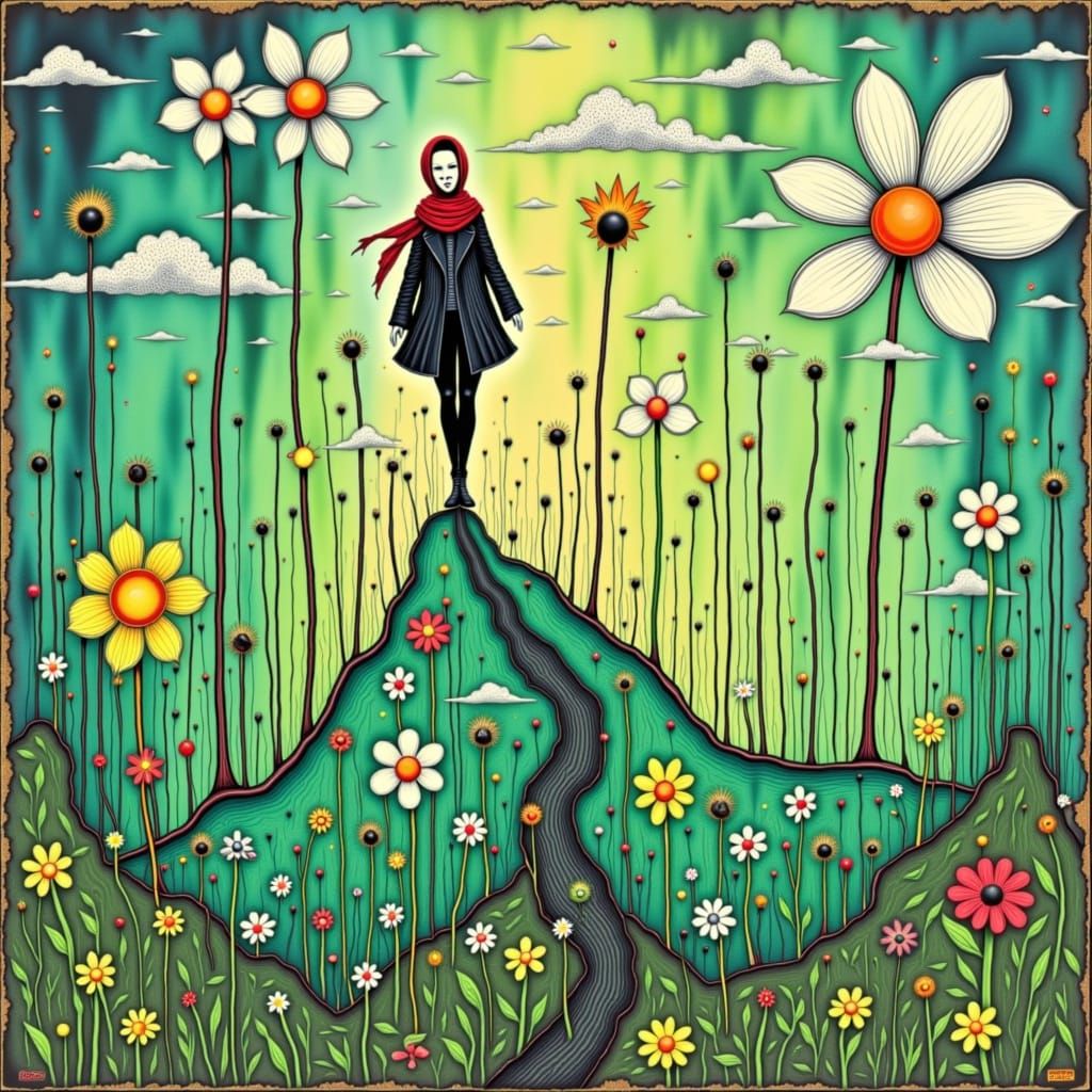 Haunting Monochromatic Oil Painting of a Masked Woman in Red...