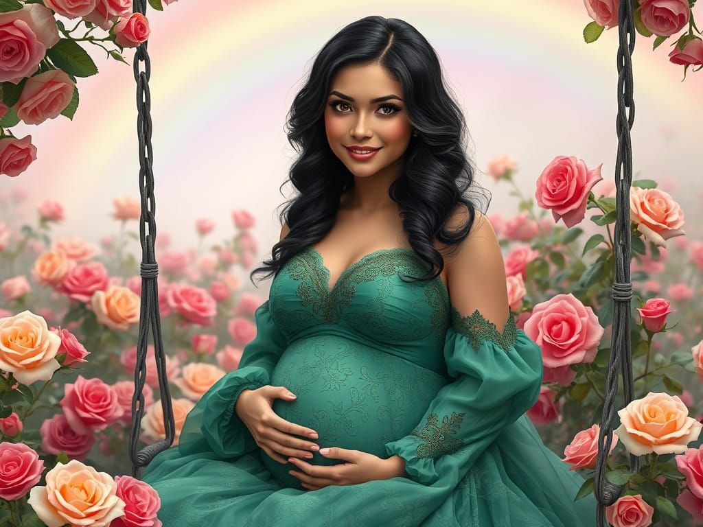 Pregnant Woman in Rose Garden: Hyper-Realistic Ethereal Fant...