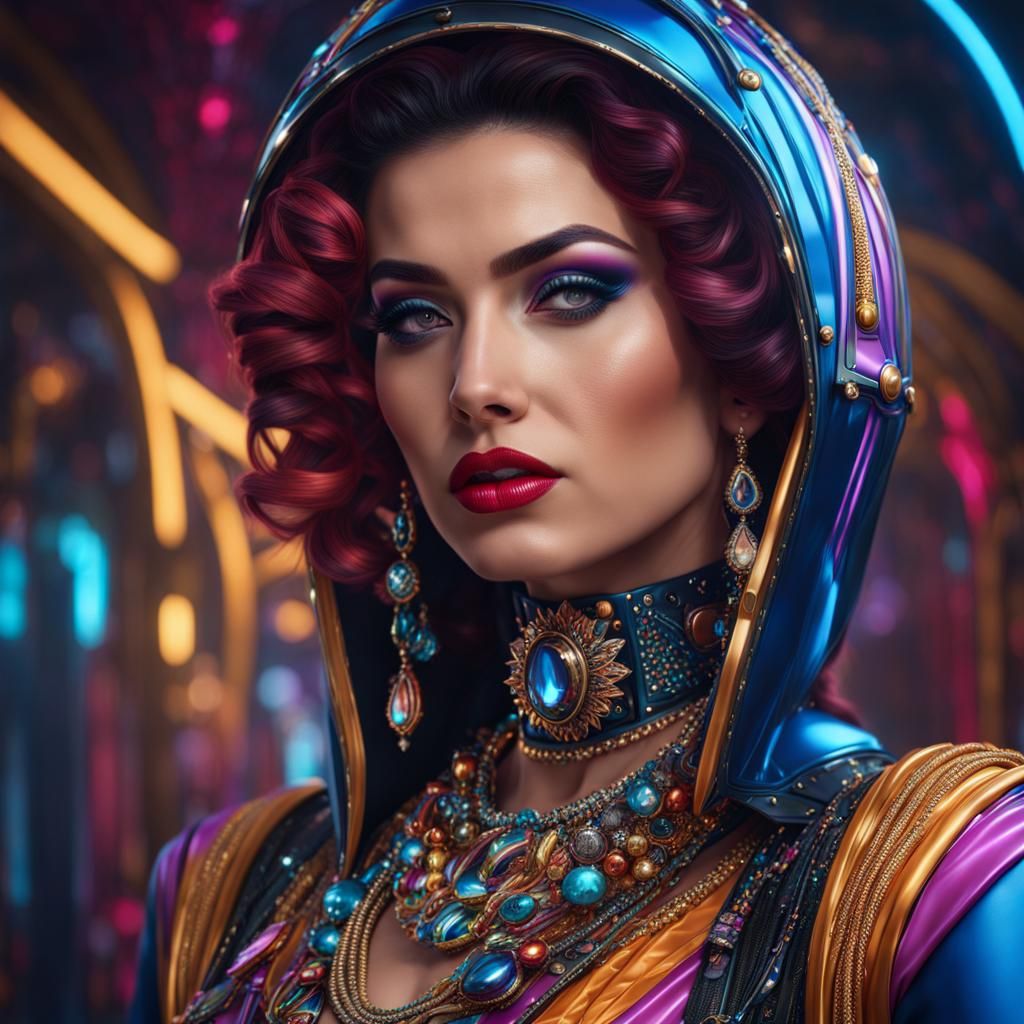 Hyperrealistic Woman in Colorful Futuristic Attire