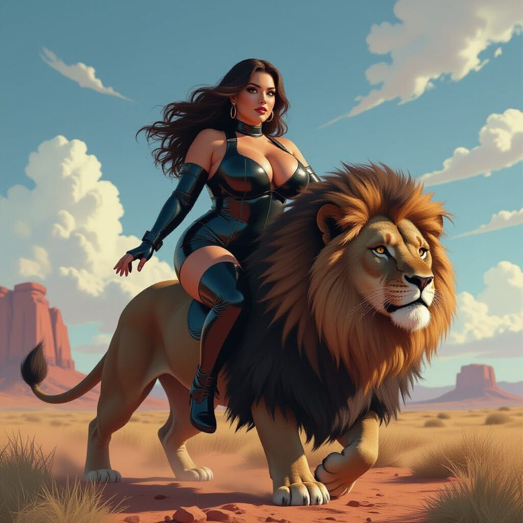 Woman Rides Lion in Futuristic Digital Art