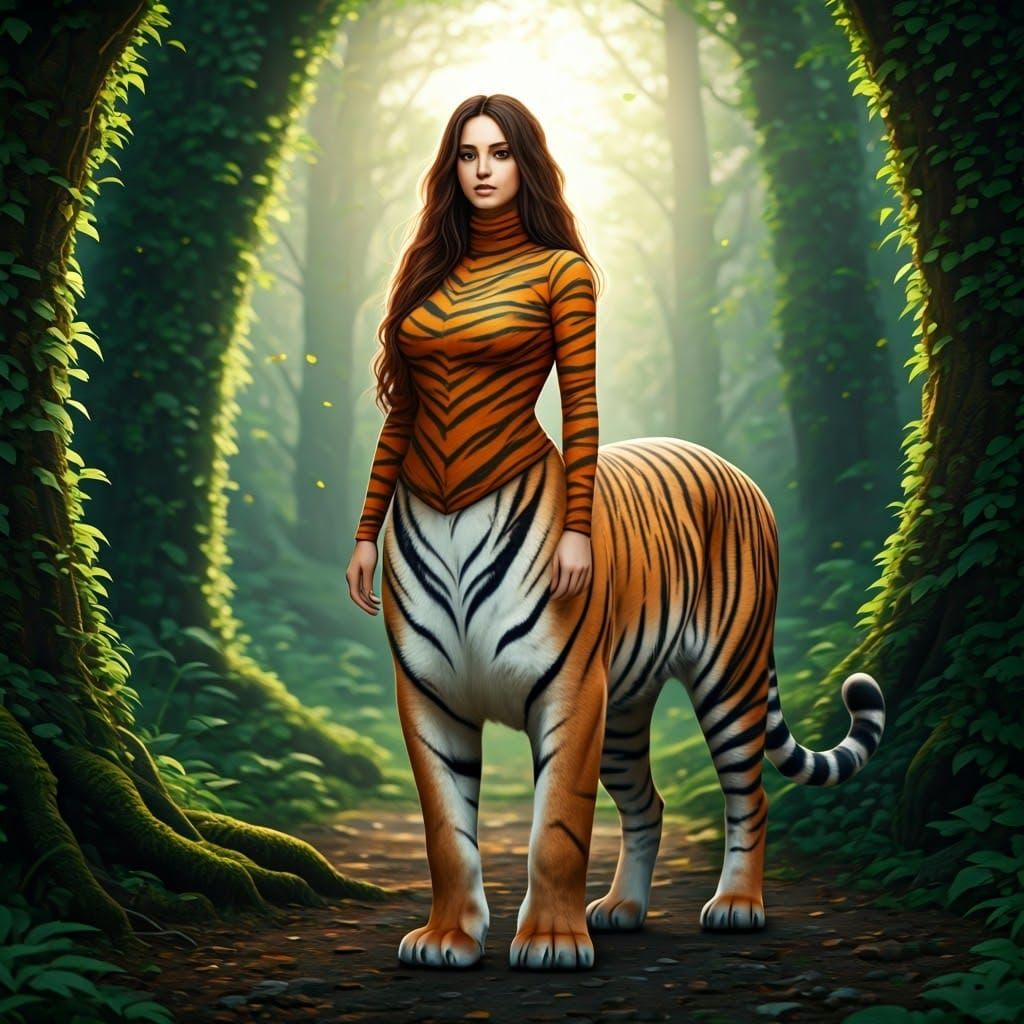 A beautiful, majestic centaur woman with long, flowing hair, dressed in a tiger-striped