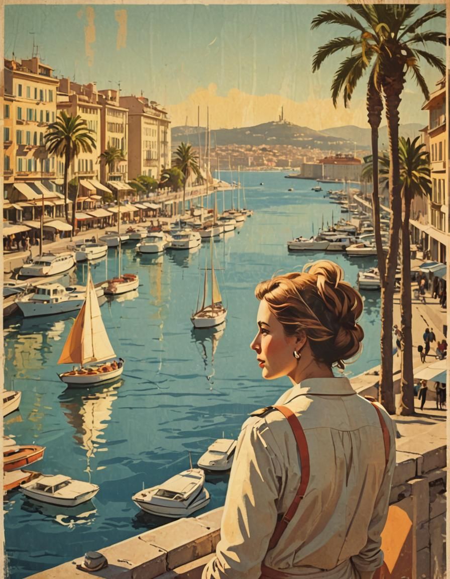 Marseille Harbor Retro Travel Poster in Classic Style