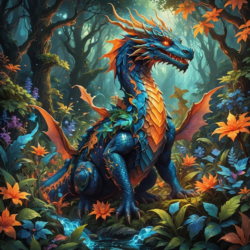 Majestic Fluorescent Nature Dragon in Mystical Forest
