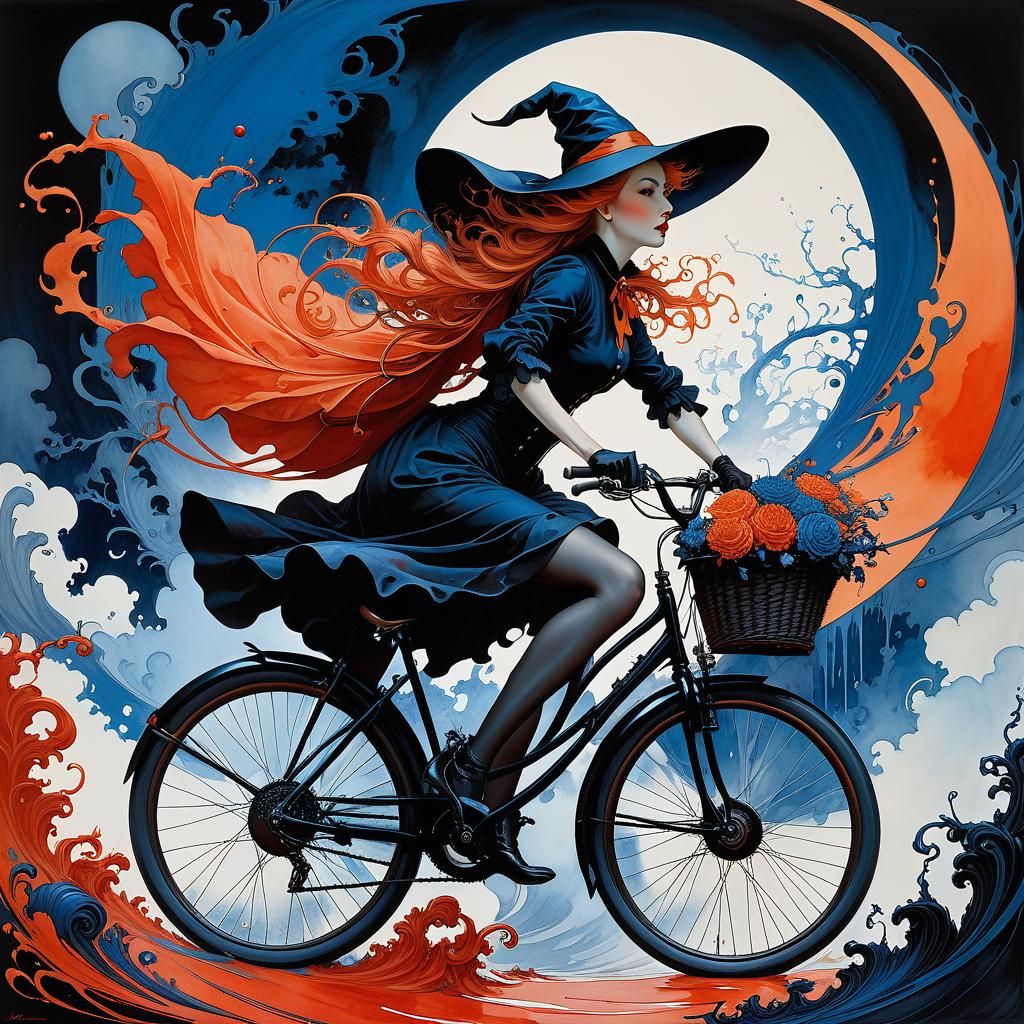 Fantastical Witch Rides Bicycle in Action Painting Style