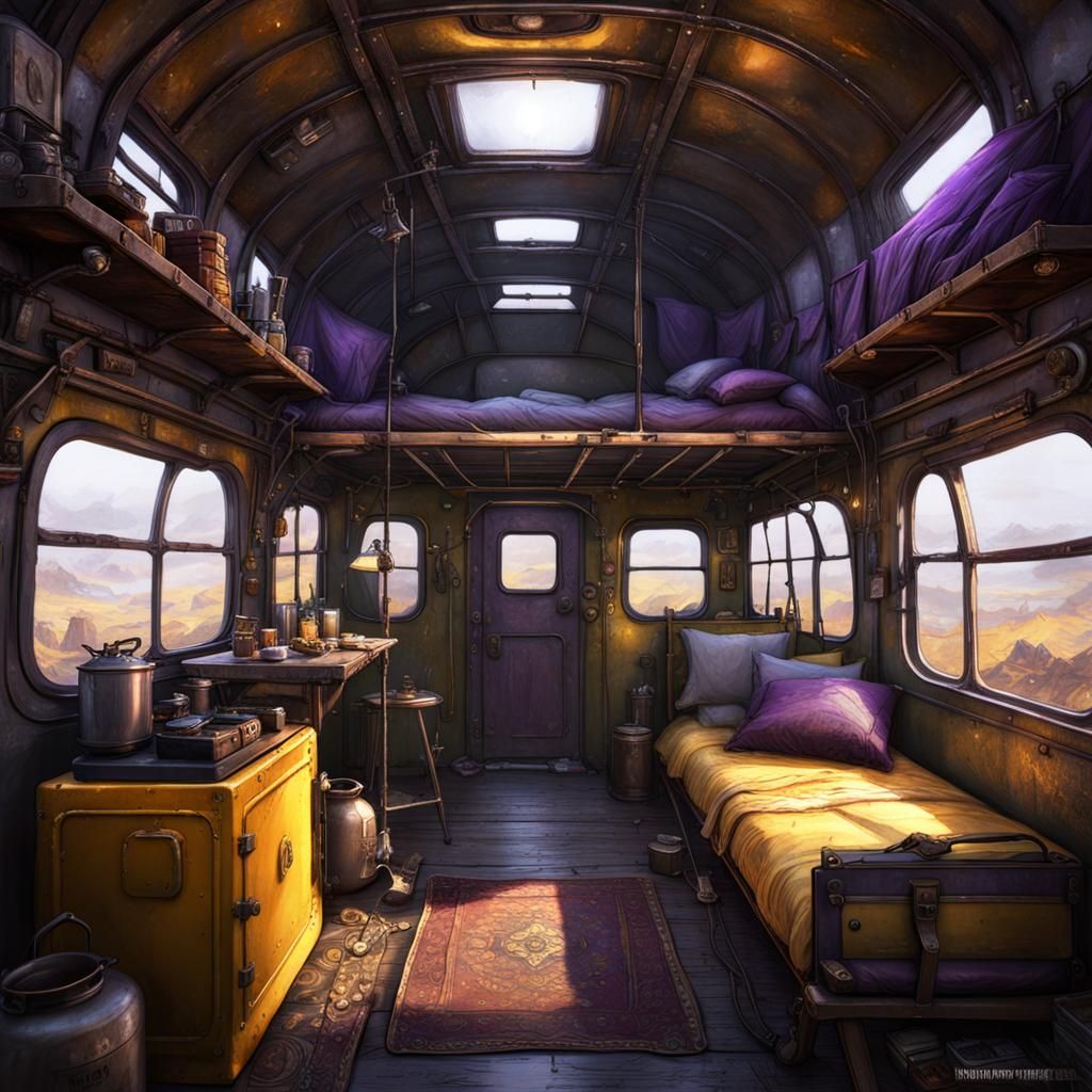 Post-Apocalyptic Train Carriage Camp in Dark Fantasy Style