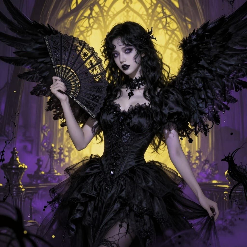 Gothic Angel with Black Wings in Alcohol Ink Style