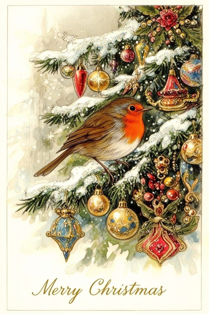 Vintage Watercolour Christmas Card With Robin