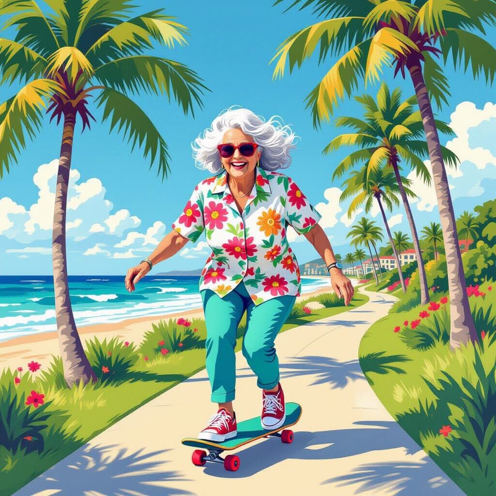Joyful Woman Skateboarding in Beachside Park