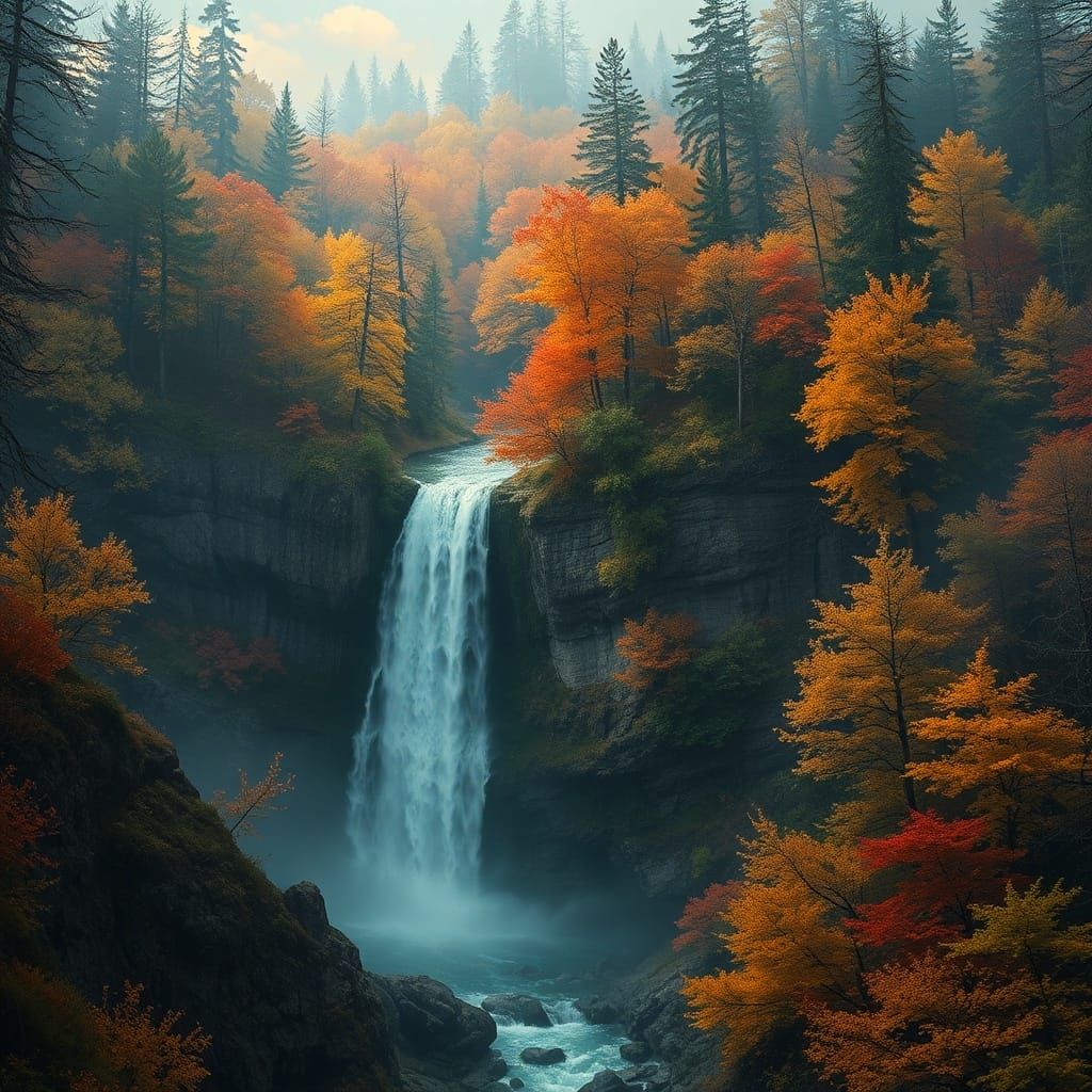 Epic Autumn Forest Waterfall in Cinematic Style