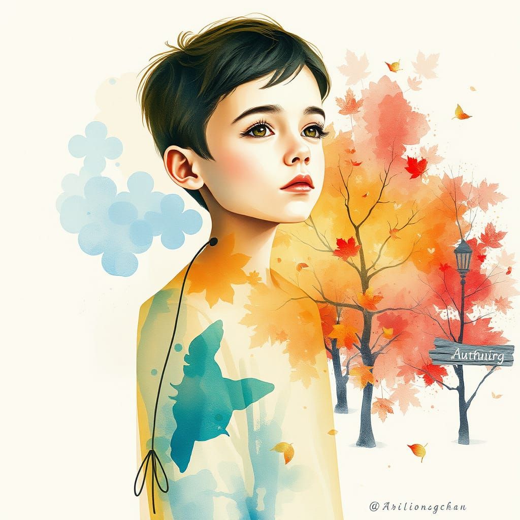 Vibrant Minimalist Figure in Seasonal Watercolor Landscape
