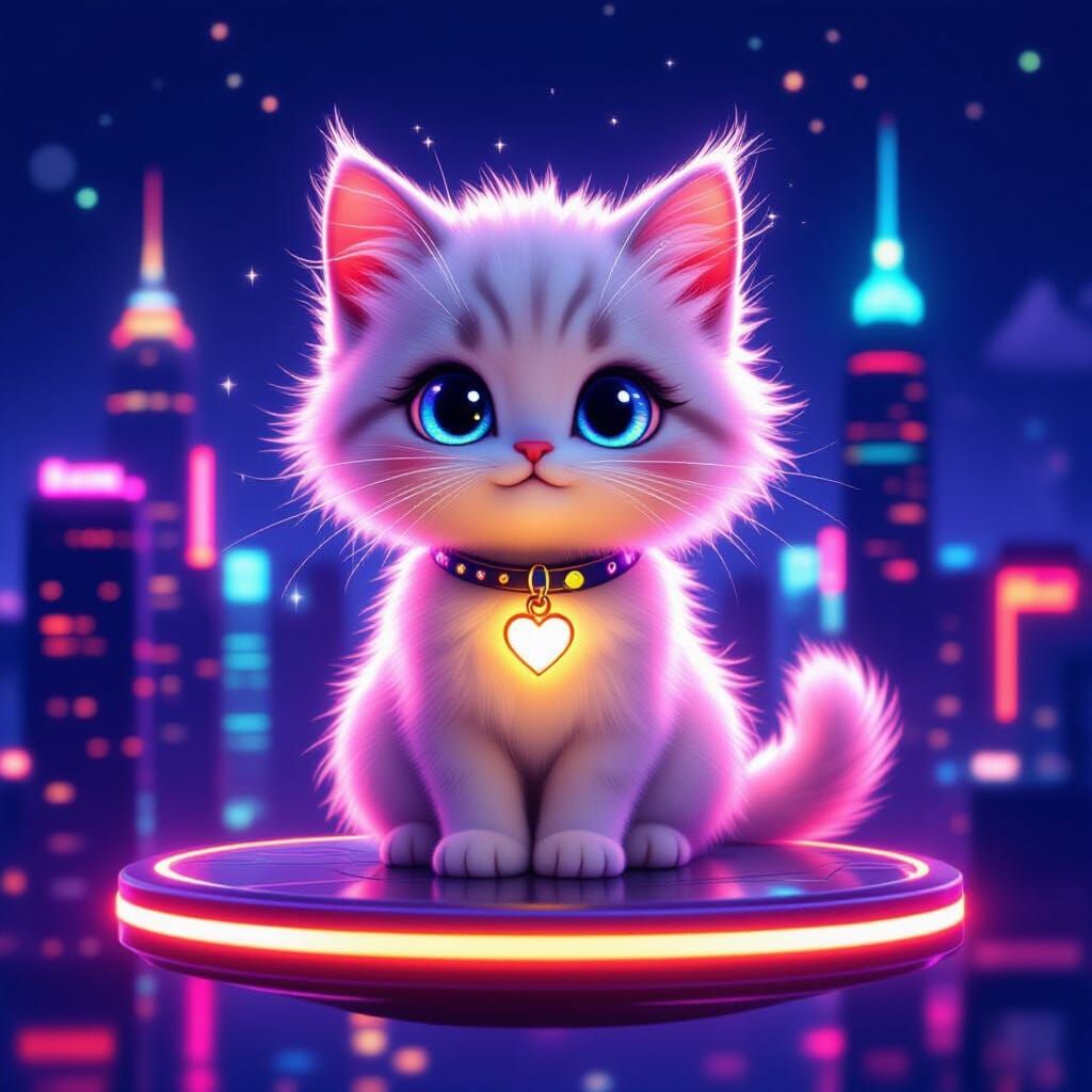 Cute 3D Cat on Floating Platform Above Neon City