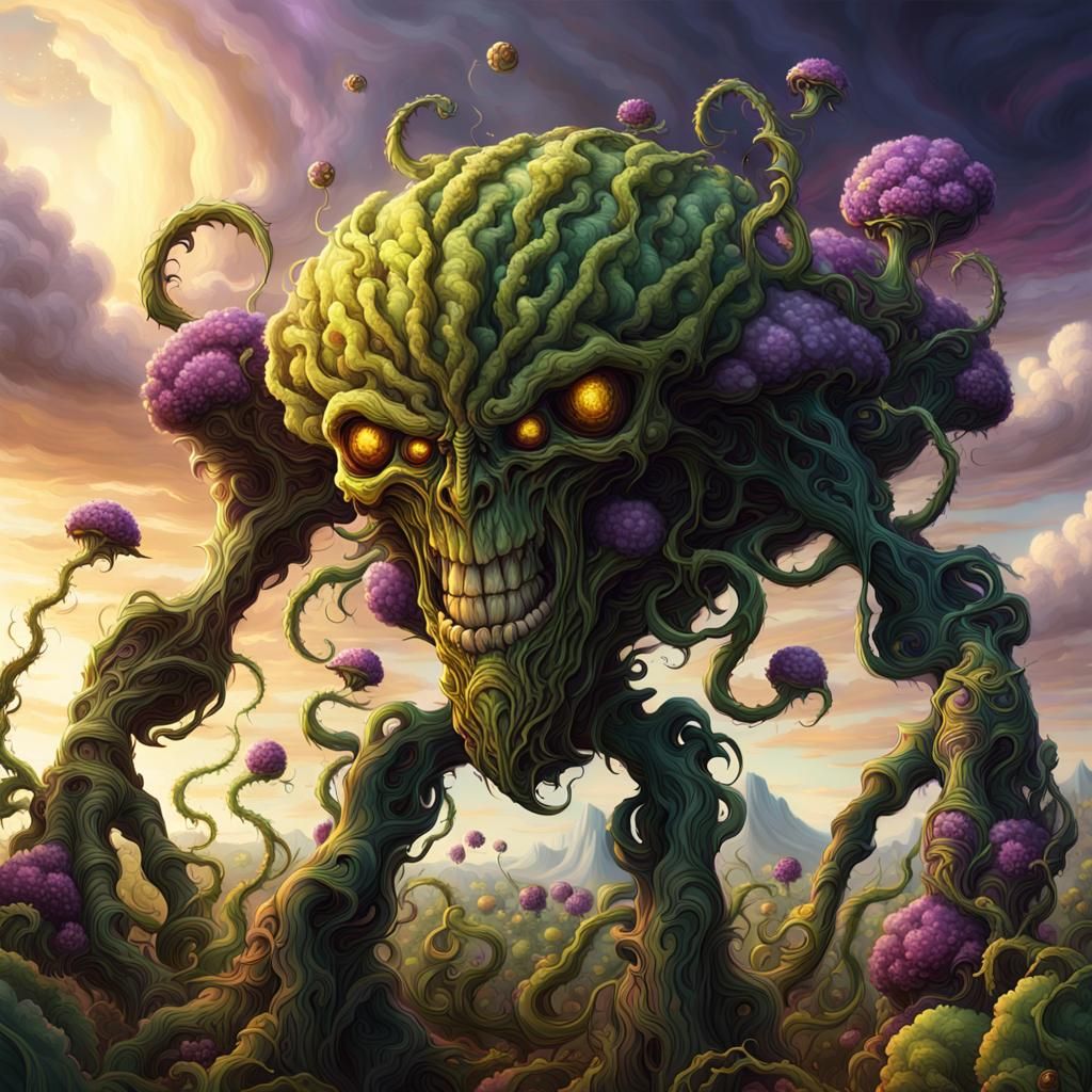 Surreal Harvester Releasing Spores in Lush Environment