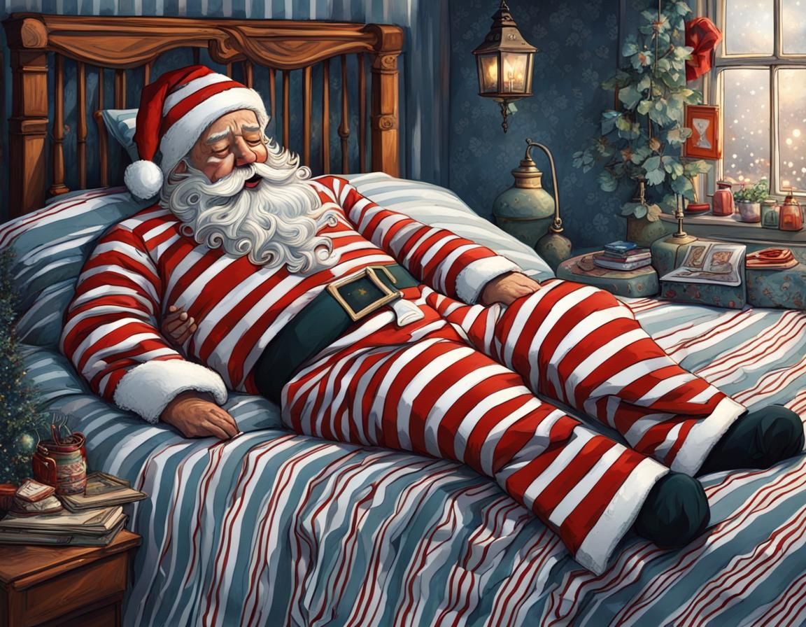 Santa Claus Sleeping in Striped Bed