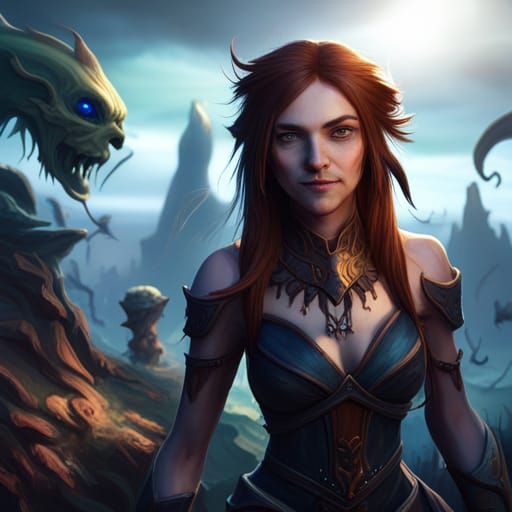 Girl Surrounded by Goblins in Fantasy Art Style