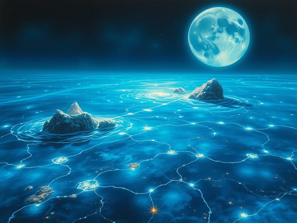 Luminous Ocean Under Segmented Moonscape